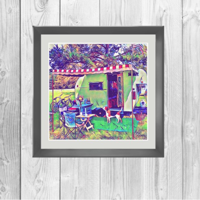 Poster Remorque et Beagle de Camper Vintage en gros plan (Créateur téléchargé)