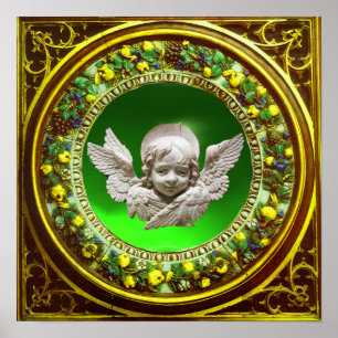 POSTER RENAISSANCE FLORENTINE ANGEL VERT FLORAL CROWN