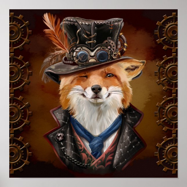 Poster Renard à la mouche en vêtements de steampunk. Dess (Devant)