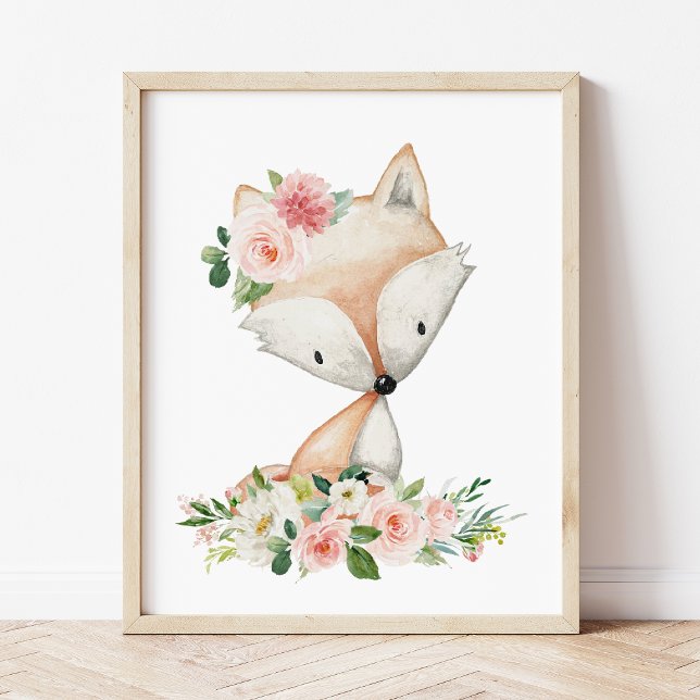 Poster Renard, Animaux De Bois, Boho, Fleurs Roses (Créateur téléchargé)