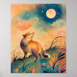 POSTER RENARD AU CLAIR DE LUNE ART POPULAIRE FORET NOCTUR