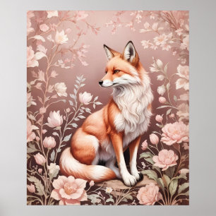 Poster Renard Avec Flore Rose Rêvé