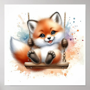 Poster Renard bébé adorable sur une pépinière d'aquarelle