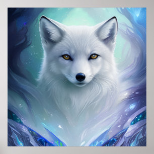 Poster Renard d'argent bleu et blanc moderne