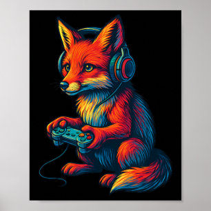 Poster Renard de jeu avec casque drôle de jeux vidéo joue