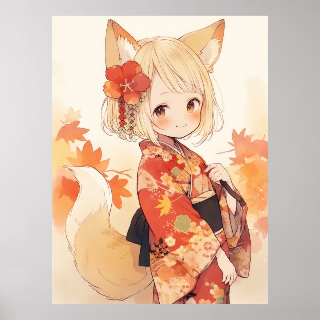Poster Renard de Kawaii avec Kimono (Devant)