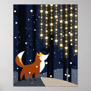 Poster Renard et cordes de lumières étoiles dans la forêt