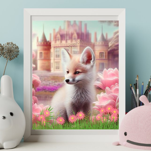 Poster Renard mignon dans un jardin château de conte de f (Créateur téléchargé)