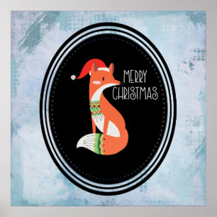 Poster Renard orange en chapeau rouge Noël Joyeux Noël