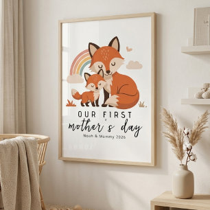 Poster Renard pastel Maman Bébé Premier Jour de la Fête d
