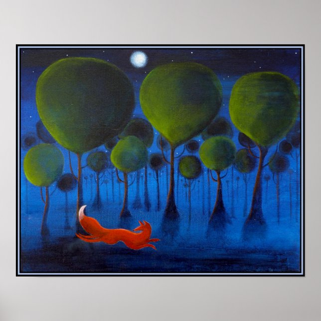 Poster Renard rouge avec des arbres dans la nuit. (Devant)