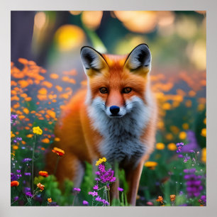Poster Renard rouge dans le champ de Fleur sauvage