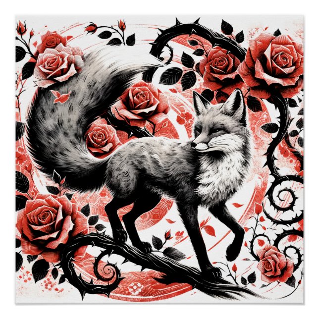 Poster Renard rouge et Roses avec Thornes Linocut (Devant)