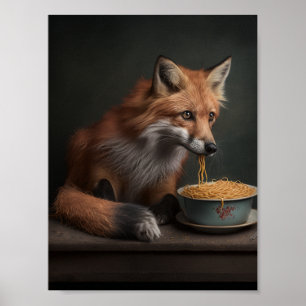 Poster Renard rouge mangeant un bol de Spaghetti