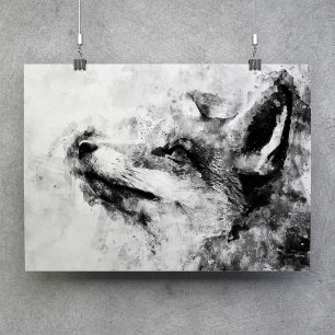Poster Renard roux noir et blanc aquarelle 01