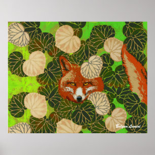 POSTER RENARD ROUX PARMI LES FEUILLES VERTES ET LE FEUILL