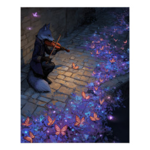 Poster Renard violon magique avec papillons lumineux Art