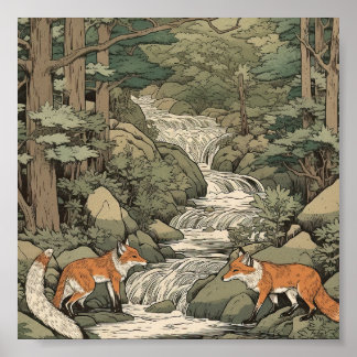 Poster Renards dans le paysage japonais