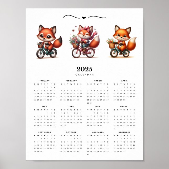 Poster Renards Whimsical sur vélos 2025 Calendrier mural (Devant)