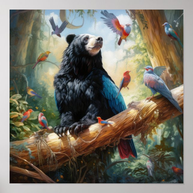 Poster Rencontre sauvage : Ours et oiseaux dans la nature (Devant)