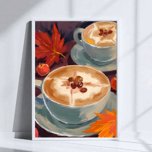 Poster Rendez-vous Latte d'automne   Aquarelle Feuilles d