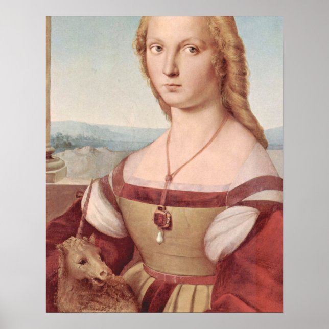 Poster Rennaisance Unicorn et Lady Raphael Peinture (Devant)