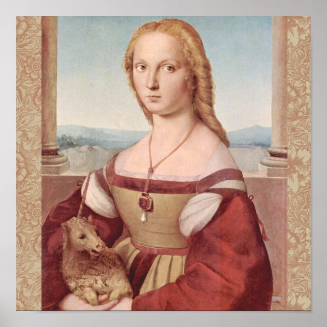 Poster Rennaisance Unicorn et Lady Raphael Peinture (Devant)
