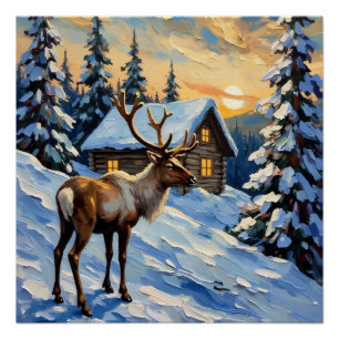 Poster Renne vintage par peinture de Noël de cabane ennei