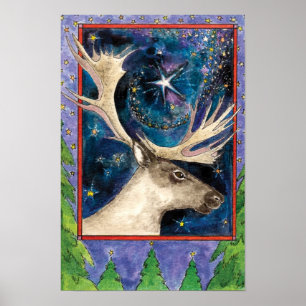 Poster Rennes de Noël la nuit avec une étoile brillante