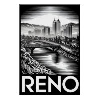 Reno Nevada Skyline Noir Blanc Gravure sur Bois