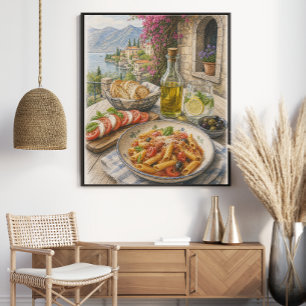 Poster Repas de pâtes côtières méditerranéennes au crayon