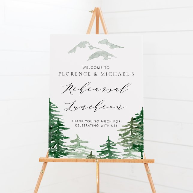 Poster Répétition des forêts d'aquarelle Brunch (Customizable woodland wedding rehearsal luncheon welcome sign featuring watercolor forest. )