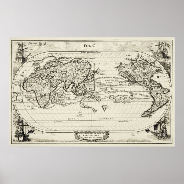 Poster Réplique décorative Carte du monde antique du XVIe (Devant)