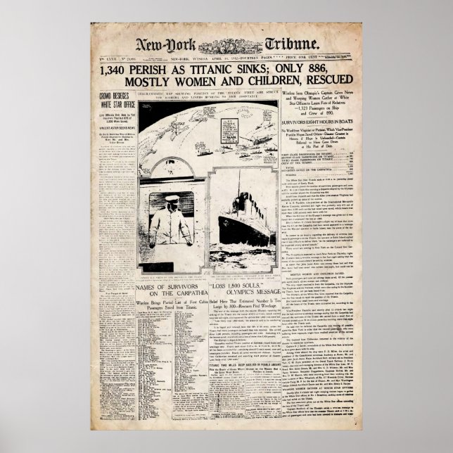 Poster Reproduction du journal Titanic New York Tribune (Devant)