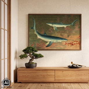 Poster Requin Bleu Vintage Mangeant un Poisson, Vie Marin