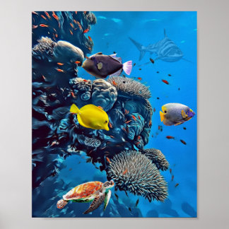 Poster Requin, tortue et poisson dans la vie marine
