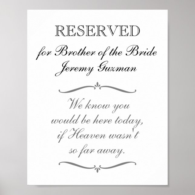 Poster Réservé pour la mémoire du frère de la mariée lors (Devant)