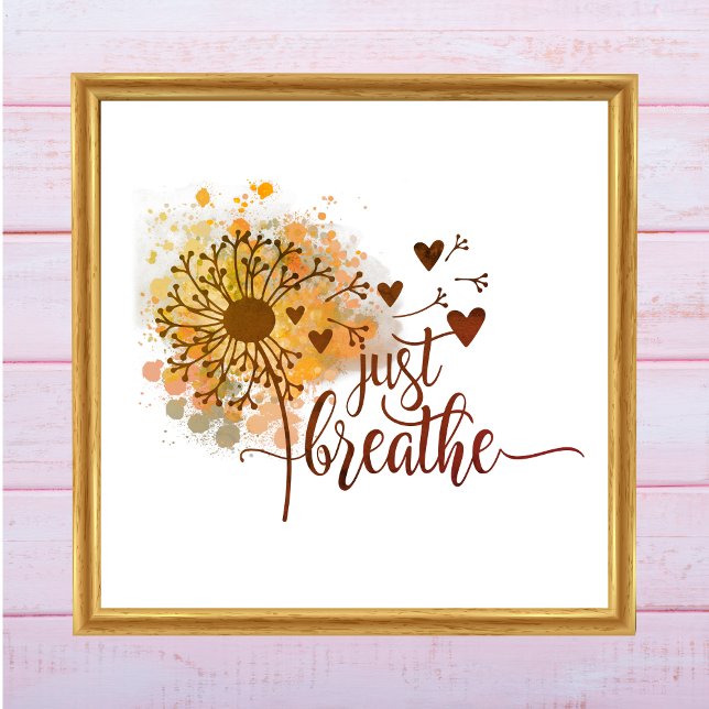 Poster Respire juste le coeur Dandelion Encourager le yog (Just Breathe Dandelion Blowing in Wind Watercolor Wall Art. Digital or Printed. Yoga Meditation )