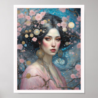 Poster Ressort rose cerisier Fleur Femme yeux bleus