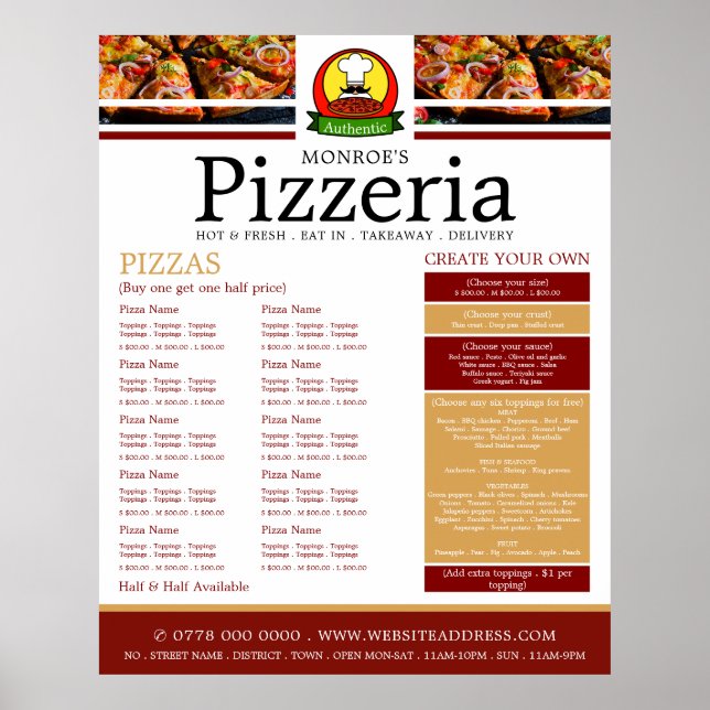 Poster Restaurant de pizzas, Menu de pizzeria (Devant)