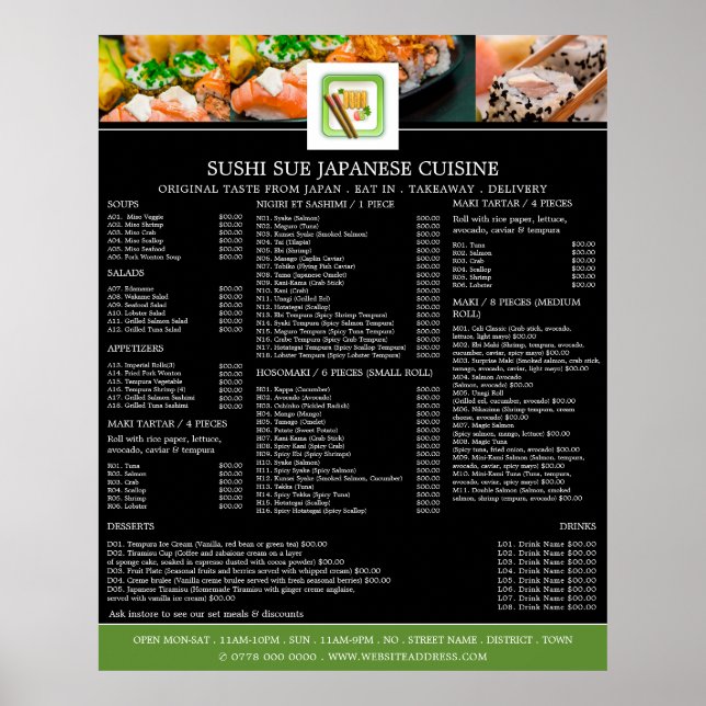 Poster Restaurant japonais, menu sushi (Devant)