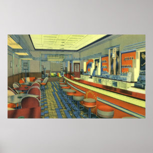 Poster Restaurant vintage, Retro Roadside Diner Intérieur