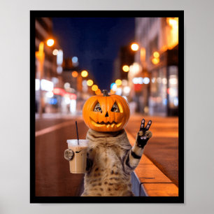 Poster Restez sauvage chat d'Halloween buvant du café gla