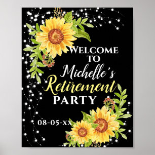 Poster Retraite Floral Sunflower Party Welcome Black