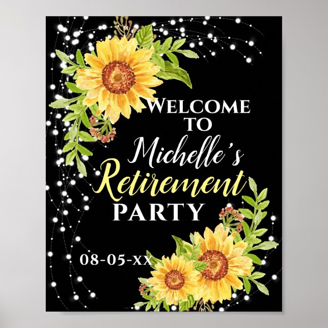 Poster Retraite Floral Sunflower Party Welcome Black (Devant)