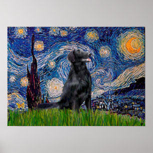 Poster Retriever à poil plat 1 - Nuit étoilée