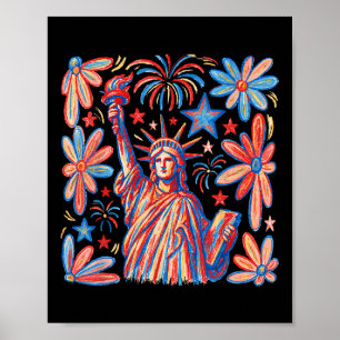 Poster Retro 4 Juillet Statue De Liberty America Fille Fe