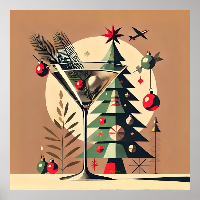 Poster Retro 50s Jet Set Christmas Tree Martini (Devant)