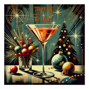 Poster Retro 50s Joyeux et Lumineux Martini de Noël