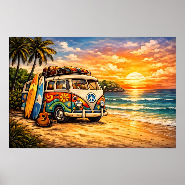 Poster Retro 60s Hippie Beach Bus Sunset | Surf Van Life (Devant)